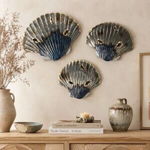 Set of 3 Metal Scallop Seashell Wall Decor 3D Coastal Silver Bronze Gold